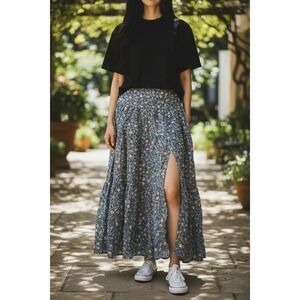 Altar State Floral Maxi Skirt Boho Slit Blue Yellow Size L